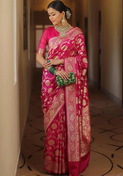 Pink Printed Blended Silk Saree Set