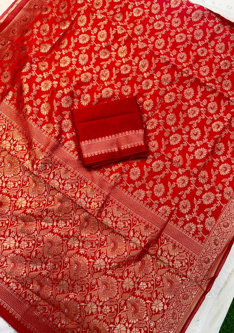 Red Printed Blended Silk Saree Set