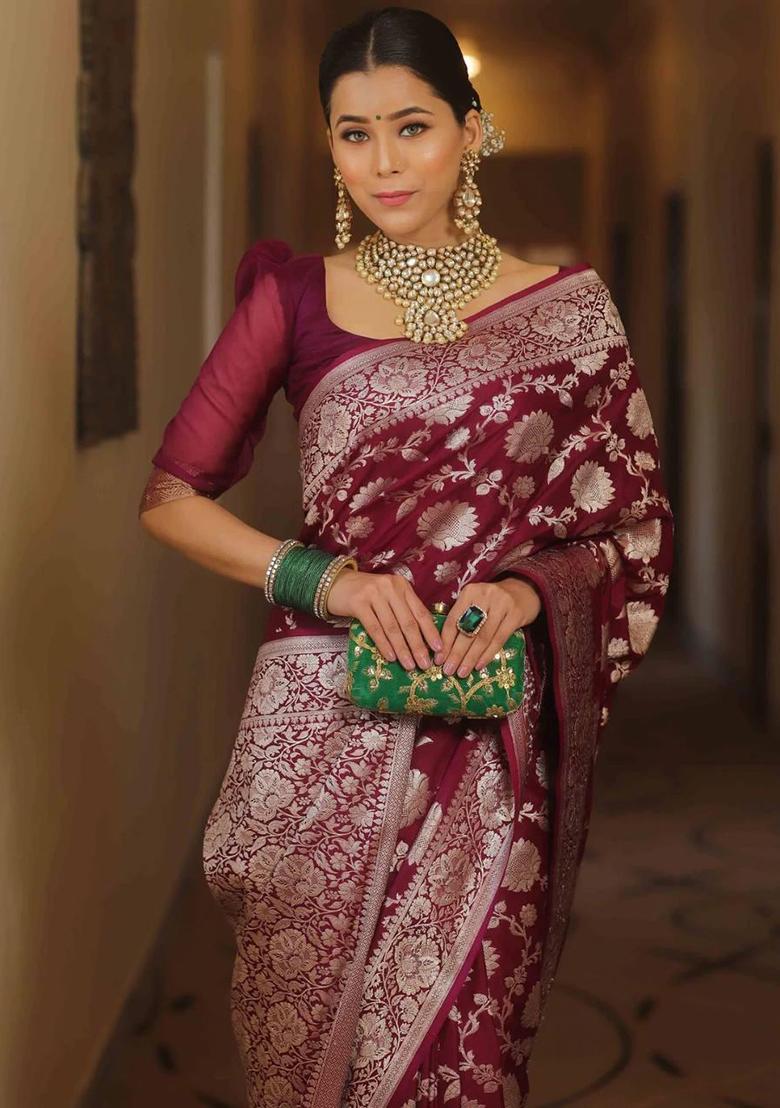 Wine Printed Blended Silk Saree Set