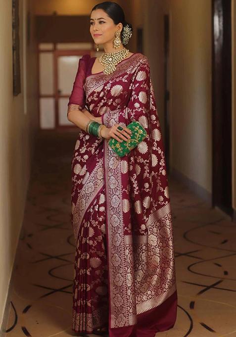 Wine Printed Blended Silk Saree Set
