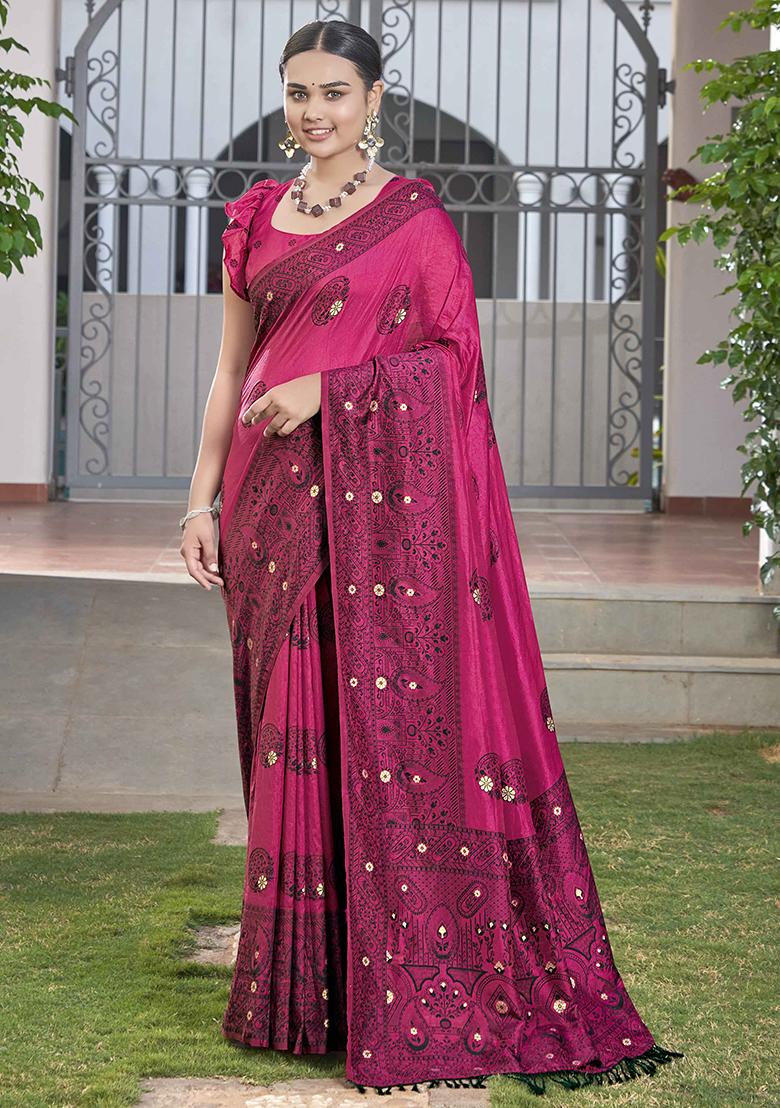 Pink Jacquard Silk Saree Set