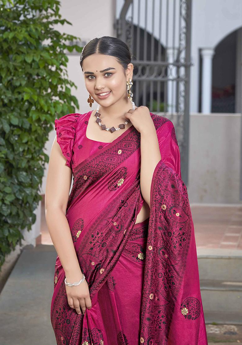 Pink Jacquard Silk Saree Set