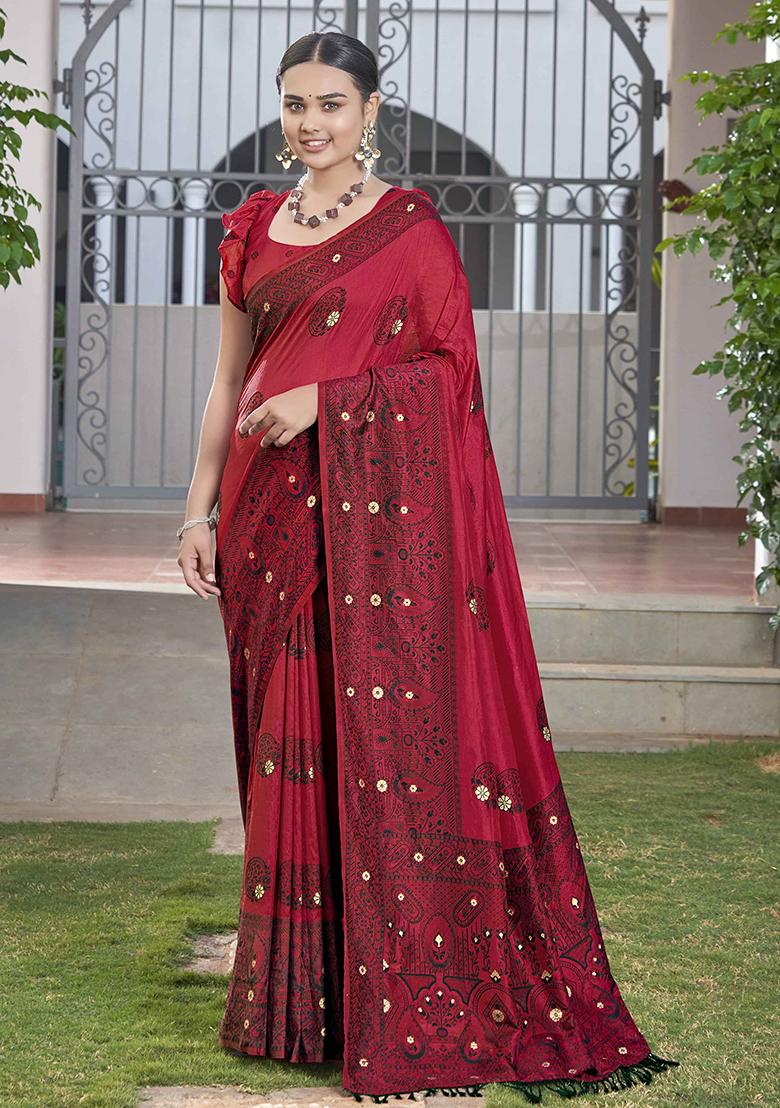 Red Jacquard Silk Saree Set