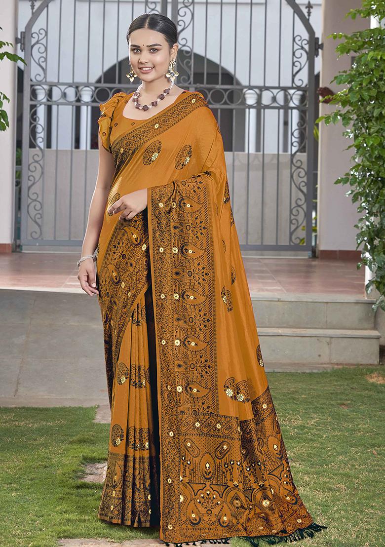 Mustard Yellow Jacquard Silk Saree Set