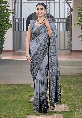 Grey Jacquard Silk Saree Set