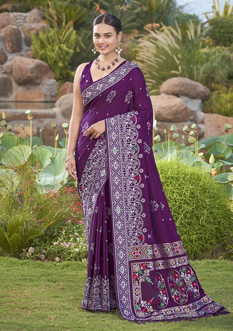Purple Jacquard Silk Saree Set