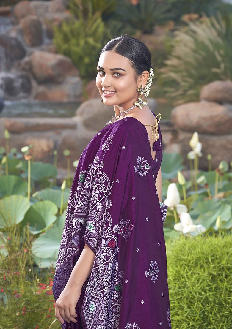 Purple Jacquard Silk Saree Set