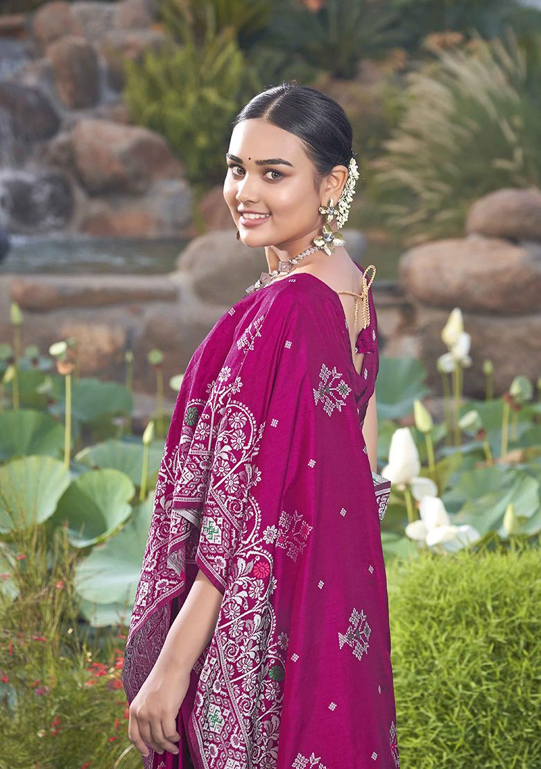 Pink Jacquard Silk Saree Set