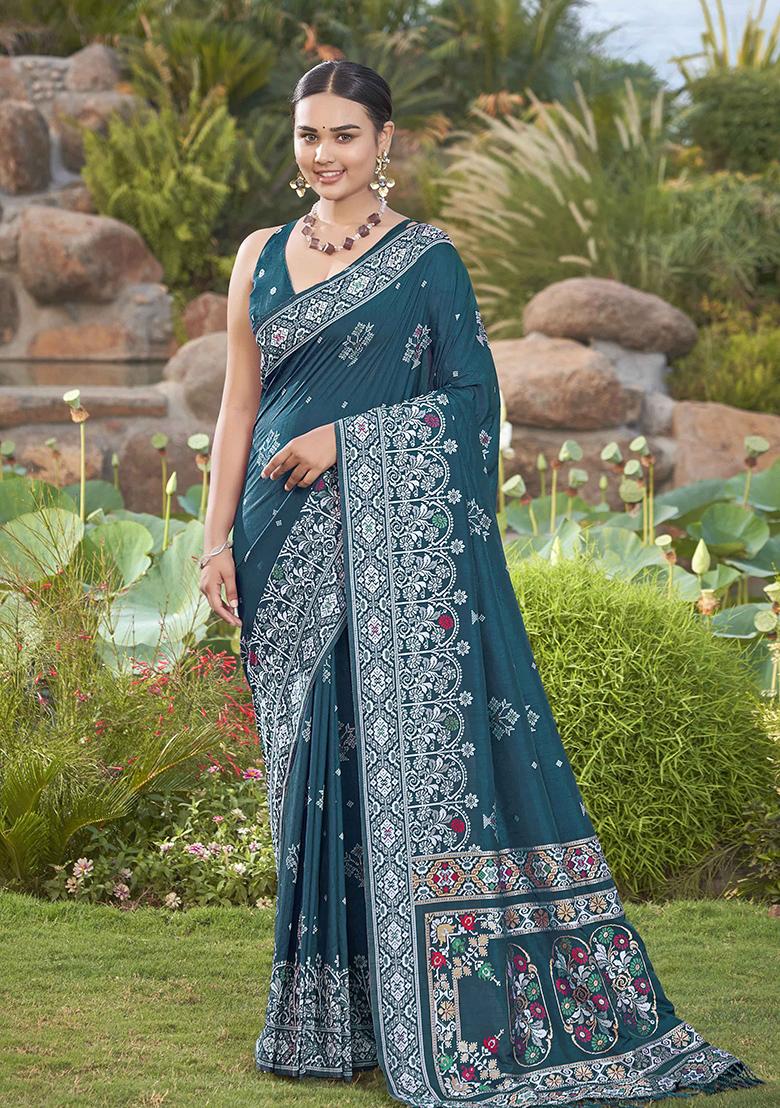 Blue Jacquard Silk Saree Set