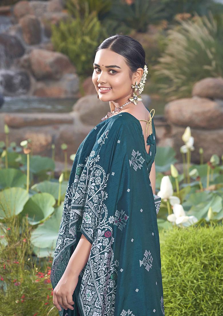 Blue Jacquard Silk Saree Set