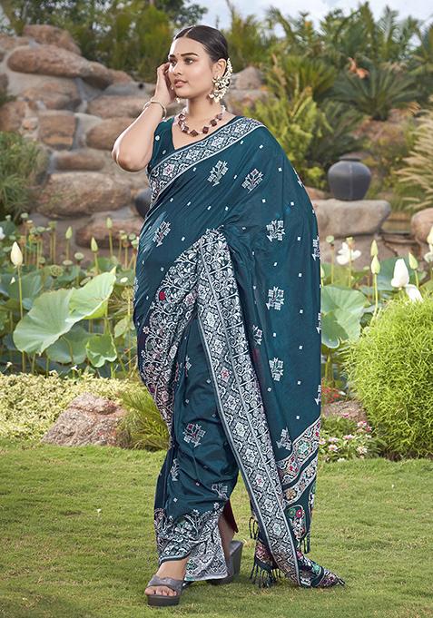 Blue Jacquard Silk Saree Set