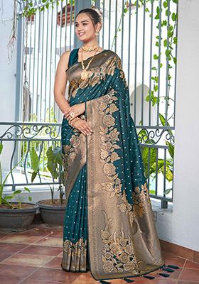 Dark Green Jacquard Banarasi Silk Saree Set