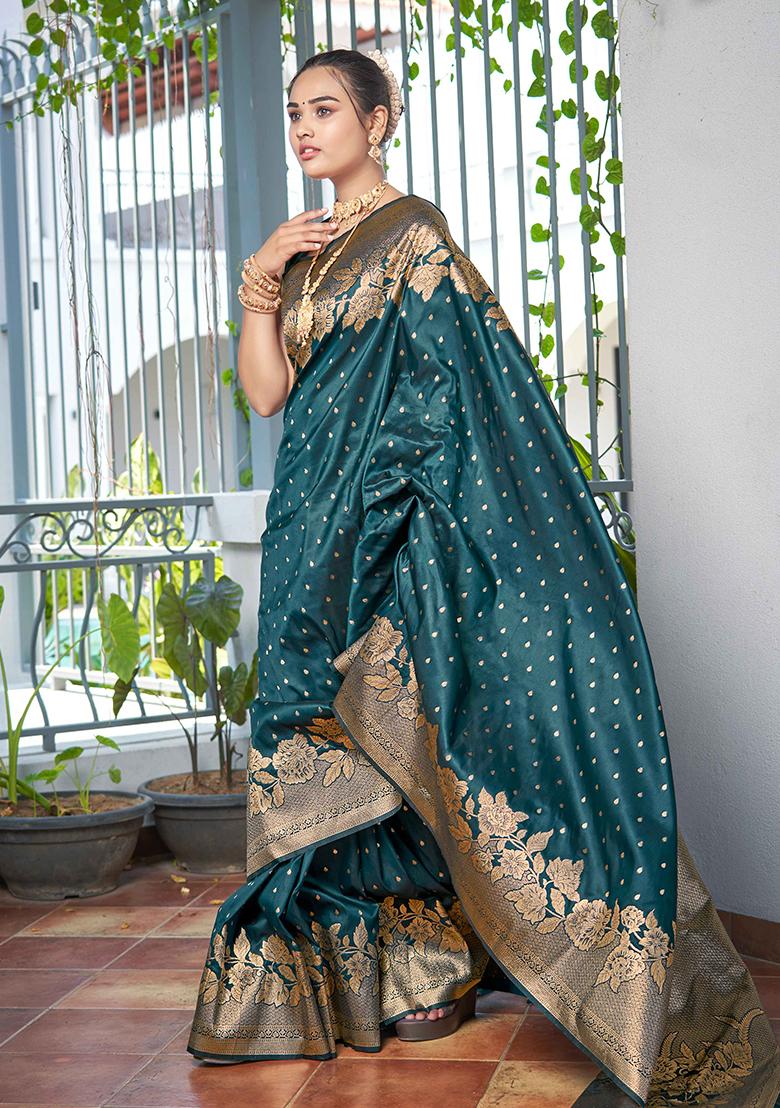 Dark Green Jacquard Banarasi Silk Saree Set