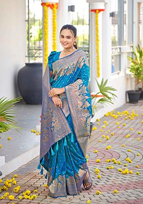 Blue Jacquard Banarasi Silk Saree Set