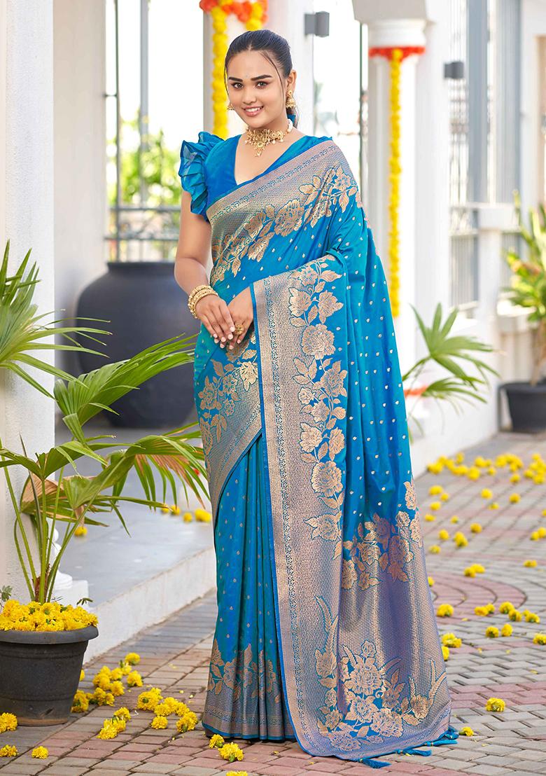 Blue Jacquard Banarasi Silk Saree Set