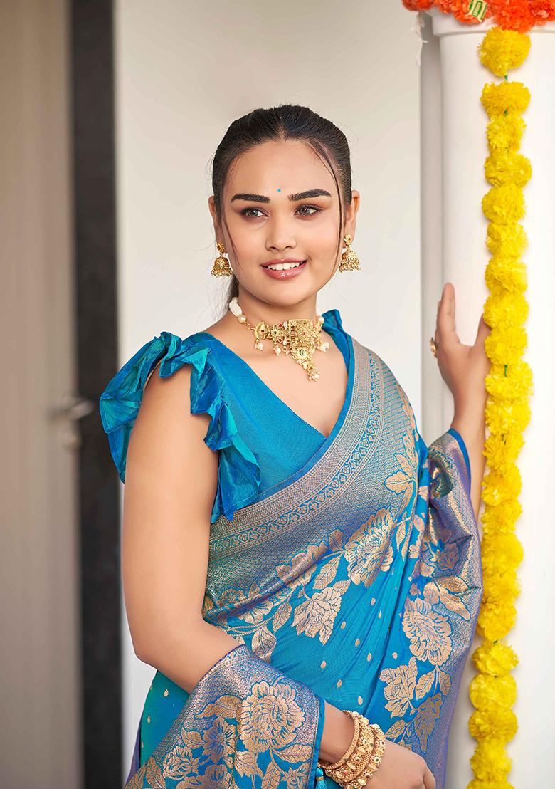 Blue Jacquard Banarasi Silk Saree Set