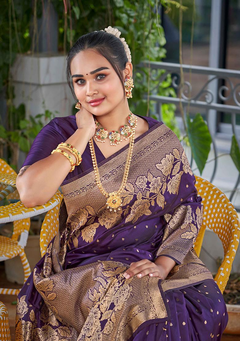 Purple Jacquard Banarasi Silk Saree Set