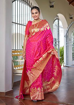Pink Jacquard Banarasi Silk Saree Set