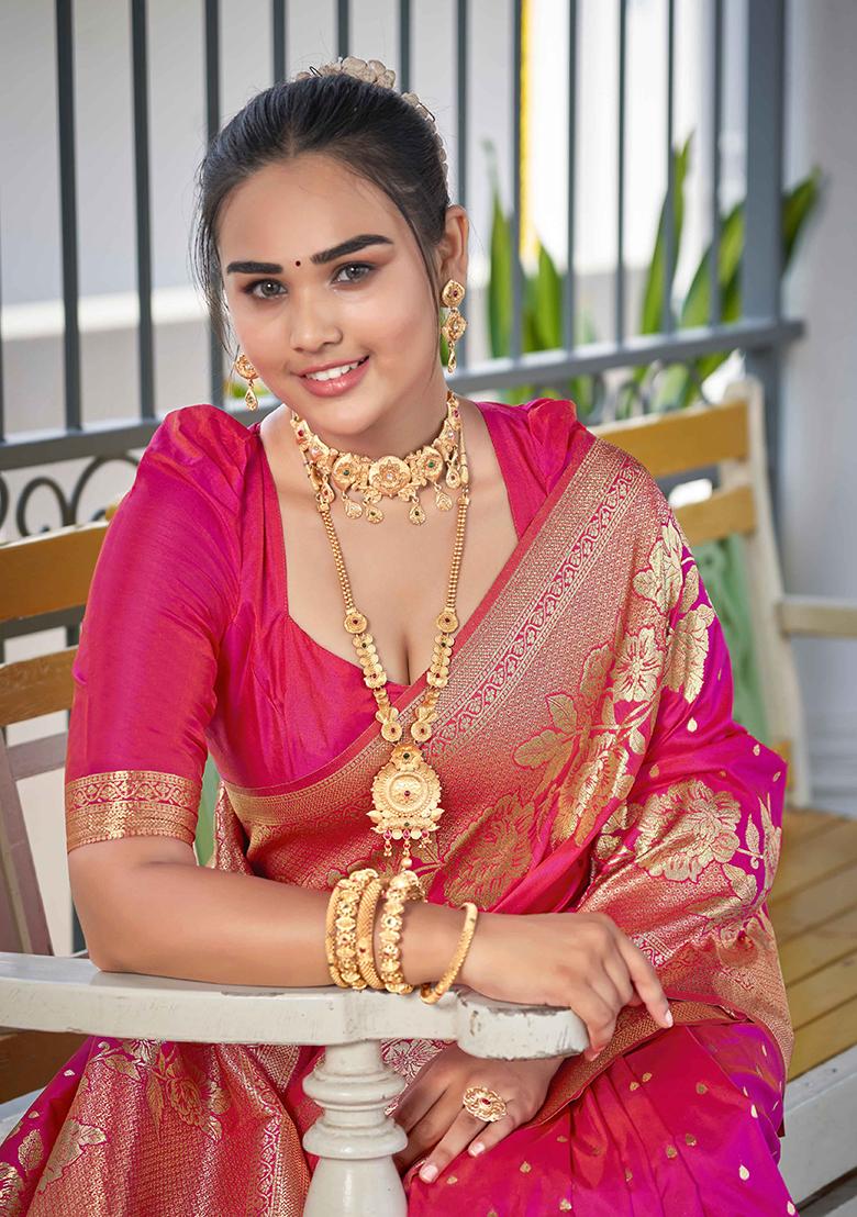 Pink Jacquard Banarasi Silk Saree Set