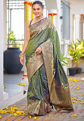 Mehendi Green Jacquard Banarasi Silk Saree Set