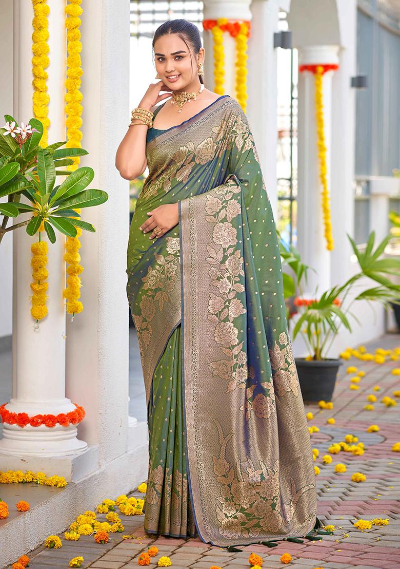 Mehendi Green Jacquard Banarasi Silk Saree Set