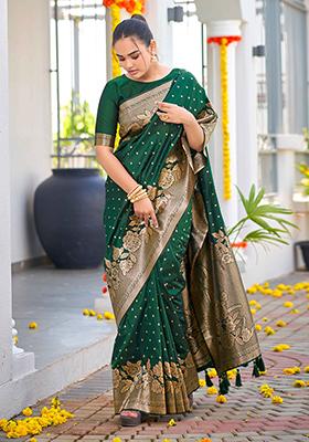 Dark Green Jacquard Banarasi Silk Saree Set