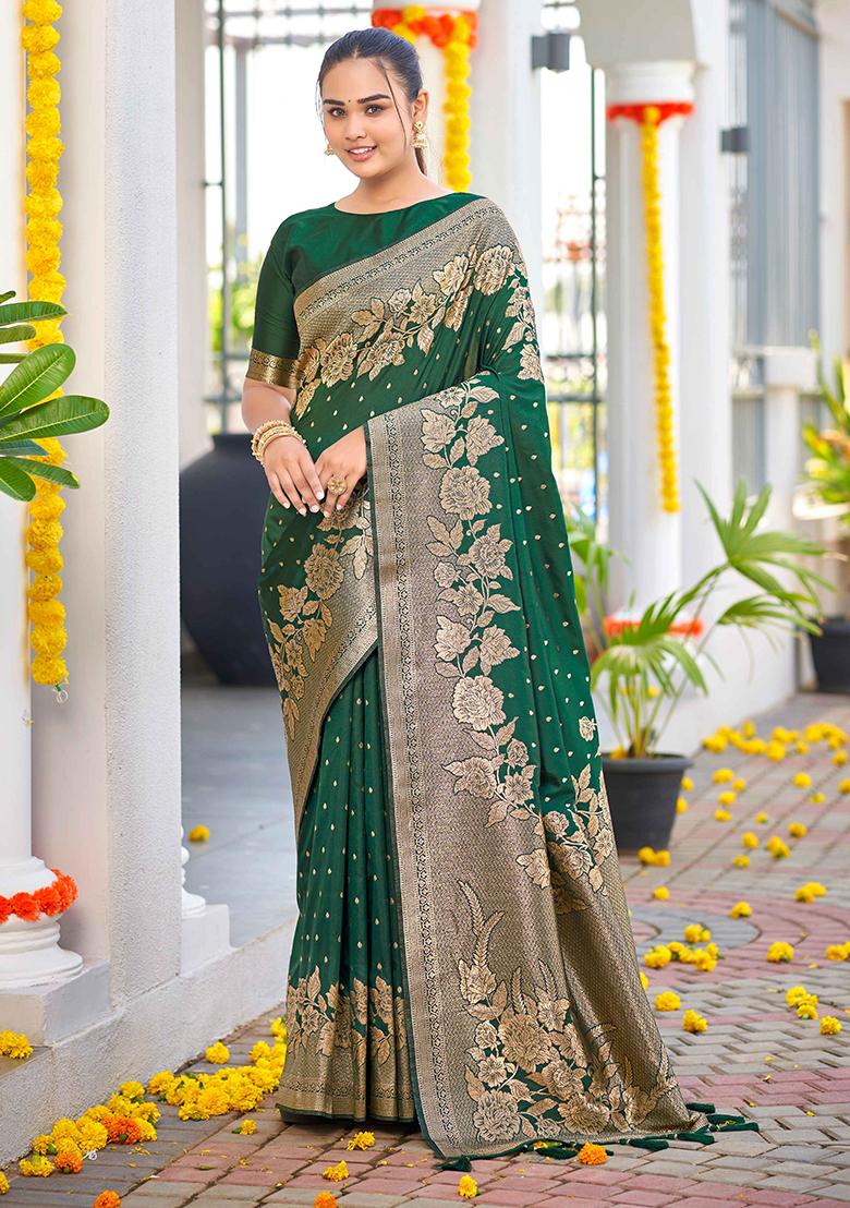 Dark Green Jacquard Banarasi Silk Saree Set