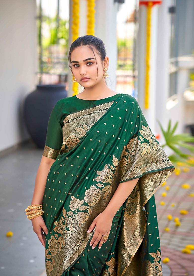 Dark Green Jacquard Banarasi Silk Saree Set