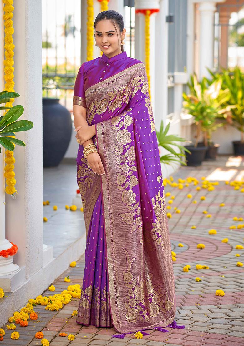 Purple Jacquard Banarasi Silk Saree Set