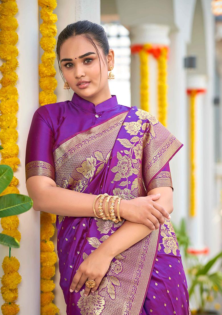 Purple Jacquard Banarasi Silk Saree Set