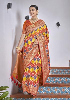 Orange Jacquard Banarasi Silk Saree Set