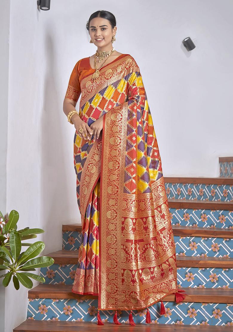 Orange Jacquard Banarasi Silk Saree Set