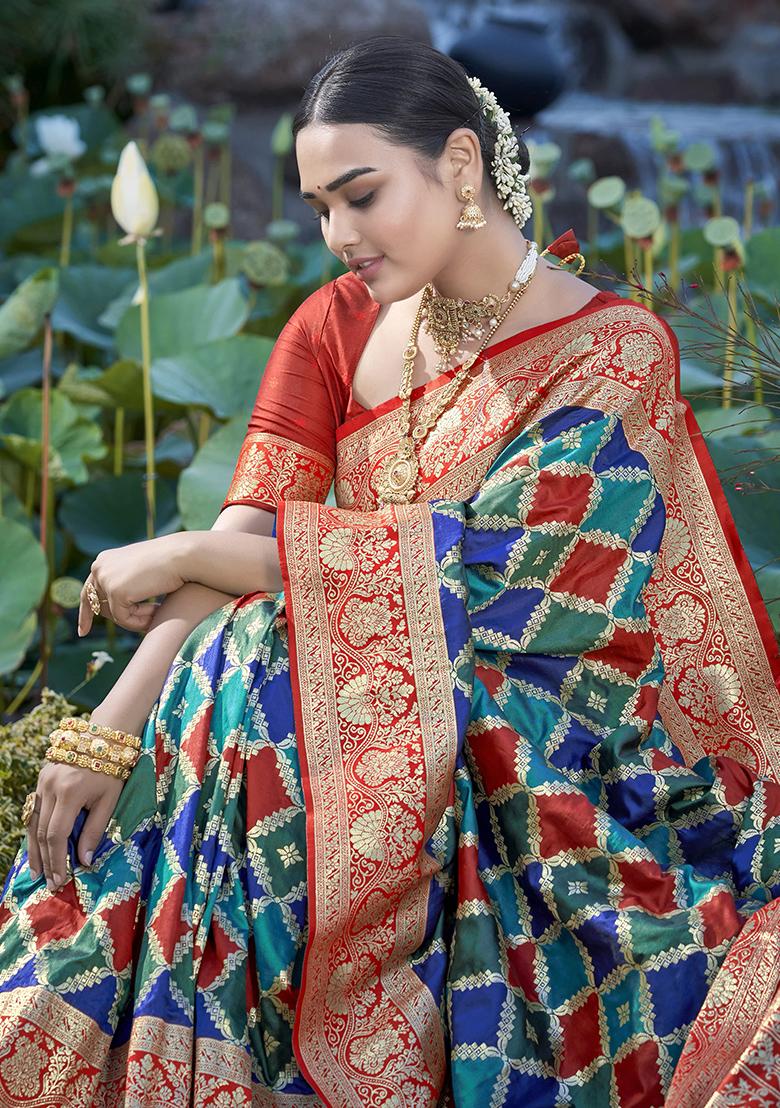 Blue Jacquard Banarasi Silk Saree Set