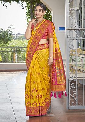 Yellow Jacquard Banarasi Silk Saree Set