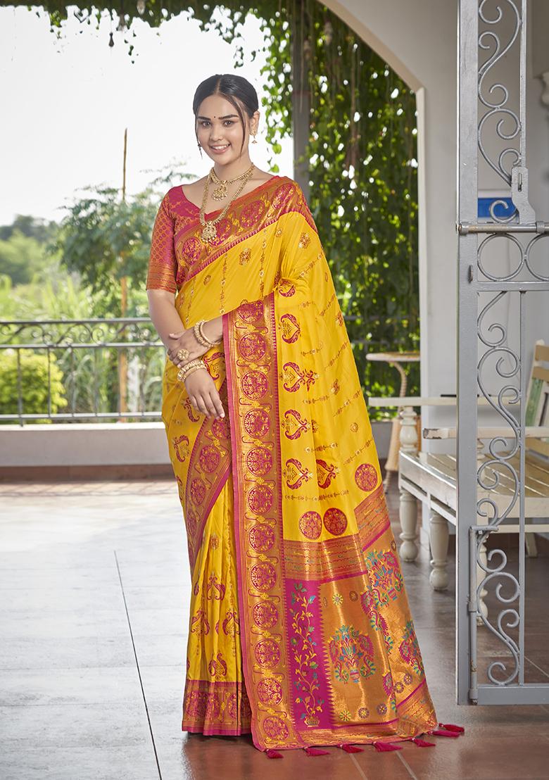 Yellow Jacquard Banarasi Silk Saree Set