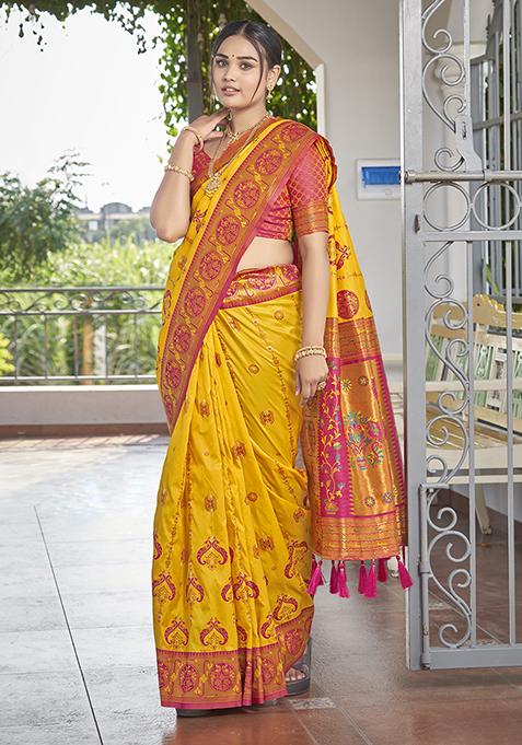 Yellow Jacquard Banarasi Silk Saree Set