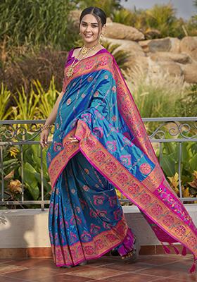 Blue Jacquard Banarasi Silk Saree Set