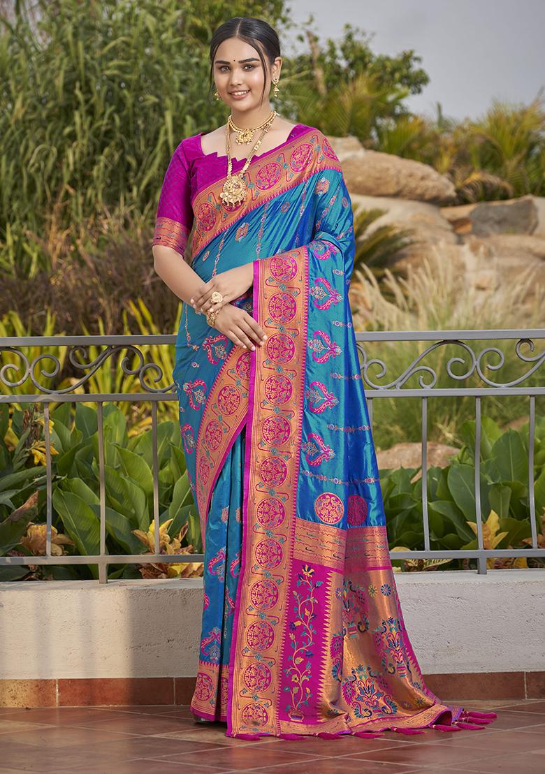 Blue Jacquard Banarasi Silk Saree Set