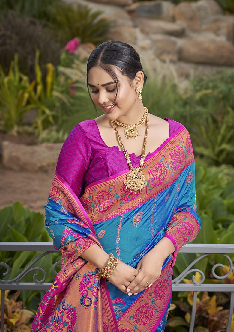 Blue Jacquard Banarasi Silk Saree Set