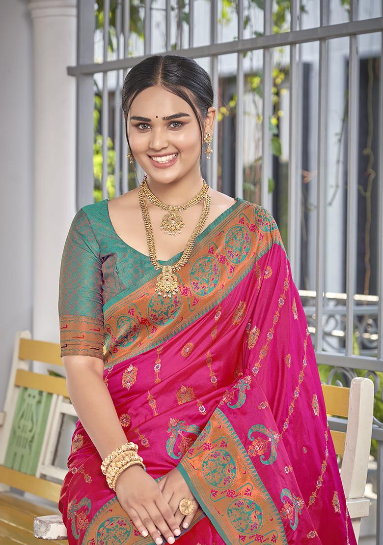 Pink Jacquard Banarasi Silk Saree Set