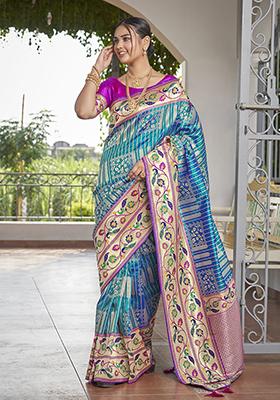 Blue Jacquard Banarasi Silk Saree Set
