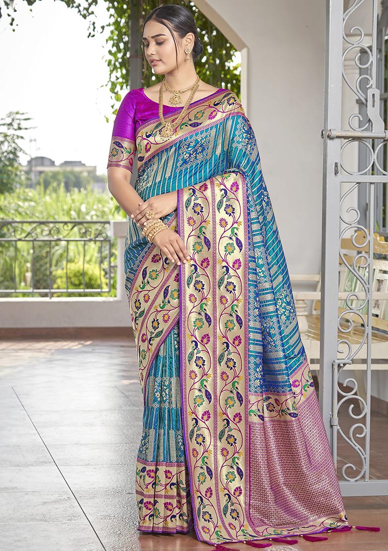 Blue Jacquard Banarasi Silk Saree Set