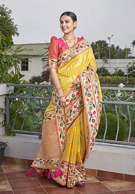 Yellow Jacquard Banarasi Silk Saree Set