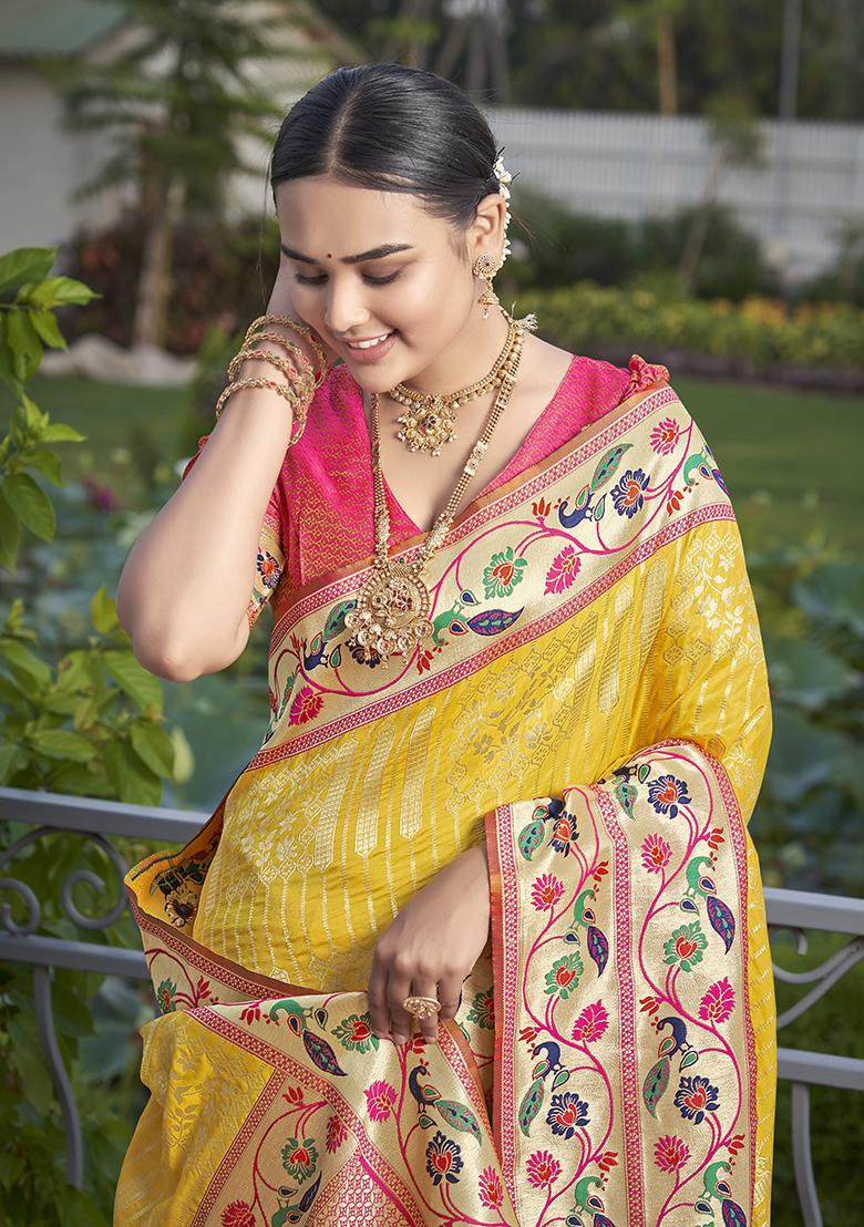 Yellow Jacquard Banarasi Silk Saree Set