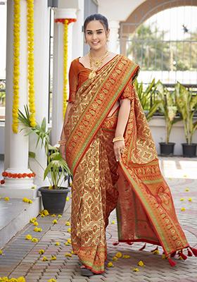 Orange Jacquard Banarasi Silk Saree Set