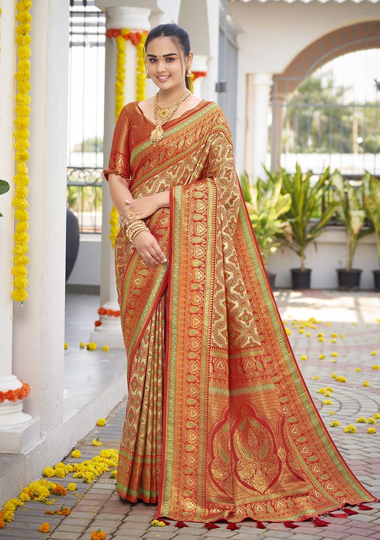 Orange Jacquard Banarasi Silk Saree Set
