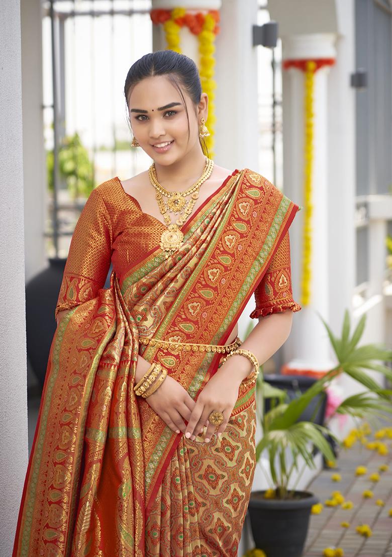 Orange Jacquard Banarasi Silk Saree Set