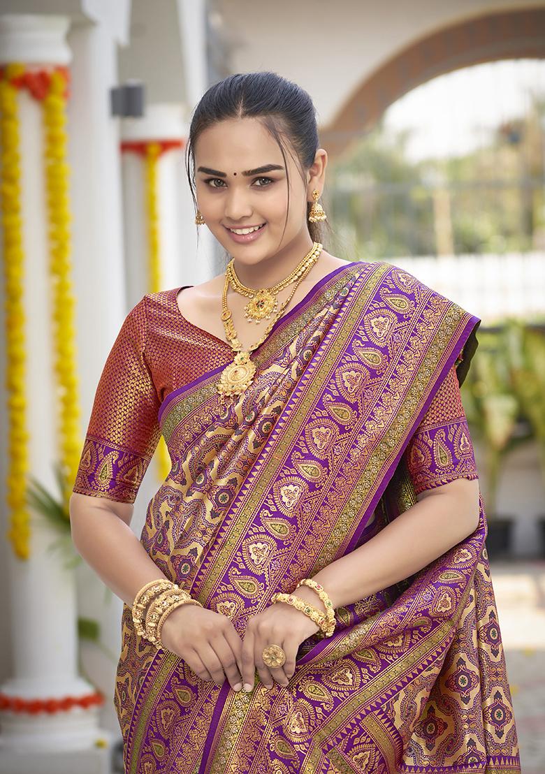 Purple Jacquard Banarasi Silk Saree Set