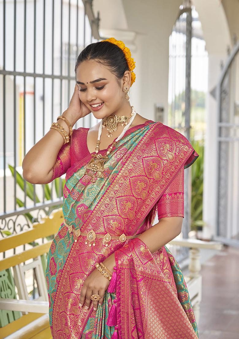 Blue Jacquard Banarasi Silk Saree Set