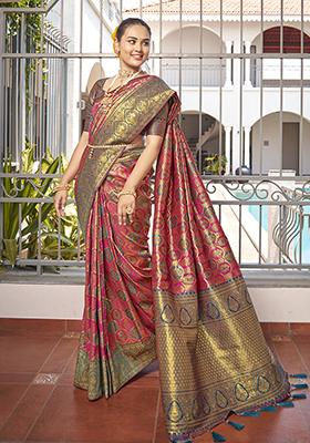 Pink Jacquard Banarasi Silk Saree Set